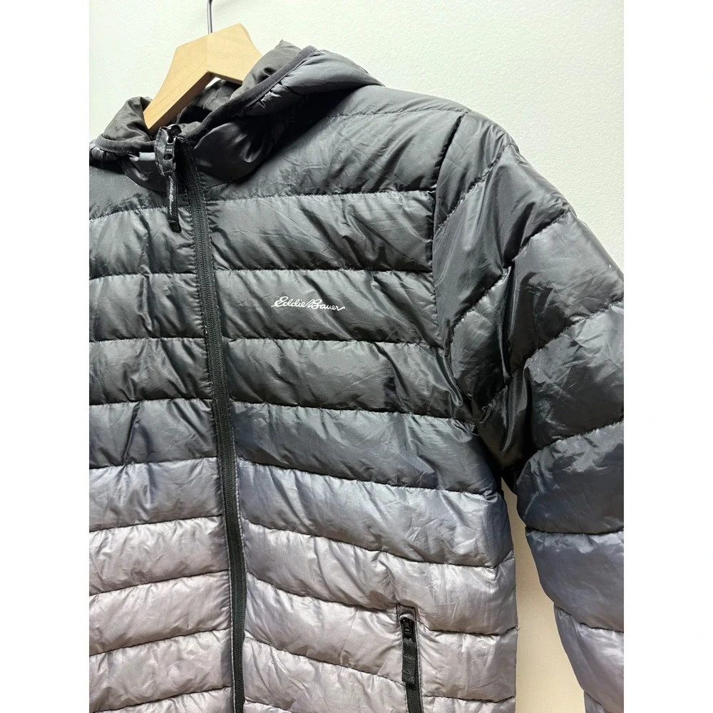 Eddie Bauer Reversible Hooded Puffer Jacket Ombre‎ Black Grey Down Fill Youth L